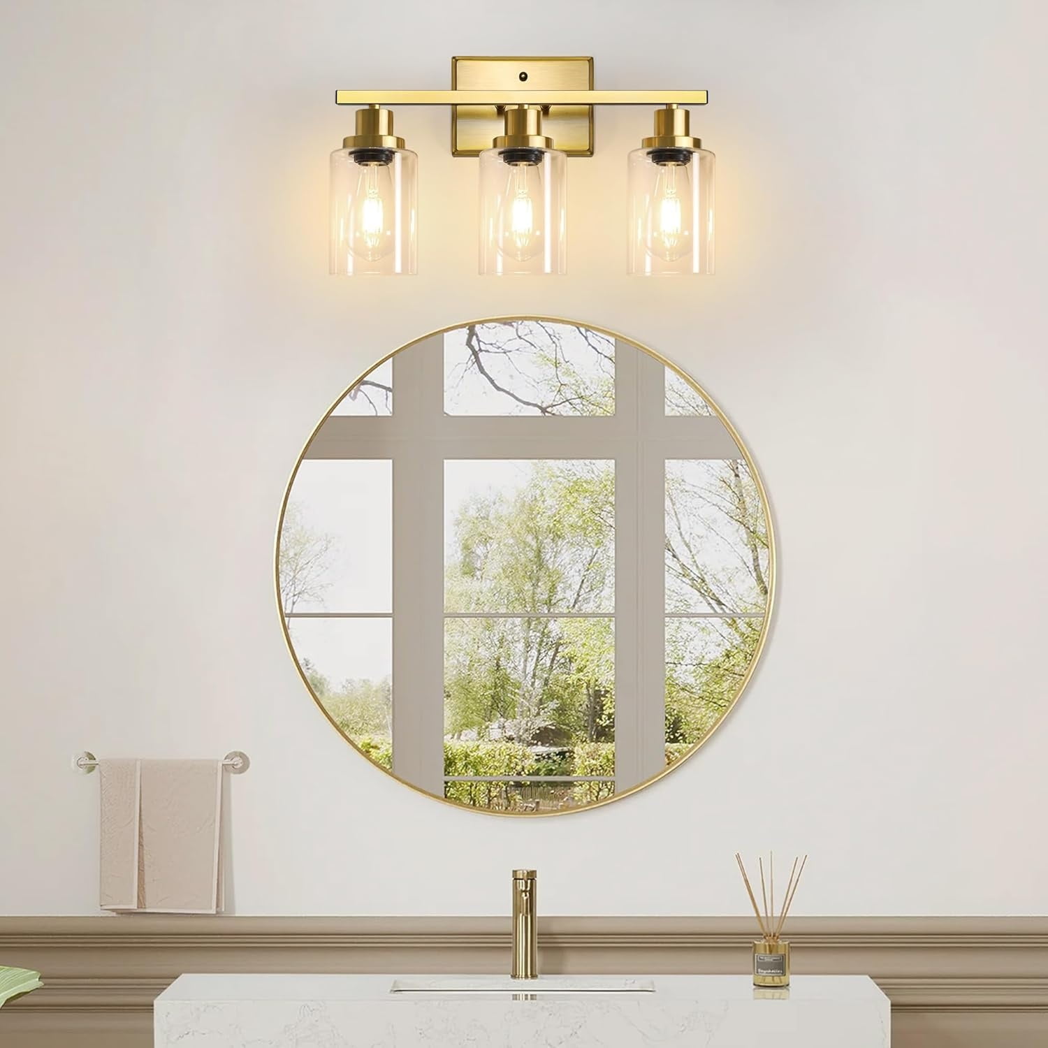 Bathroom Vanity Light Fixtures, 3 Light Wall Sconces Lighting with Clear Glass Shade, Gold Wall Lights for Mirror, Kitchen, Living Room, Gallery, E26 Base (Bulbs Not Included)