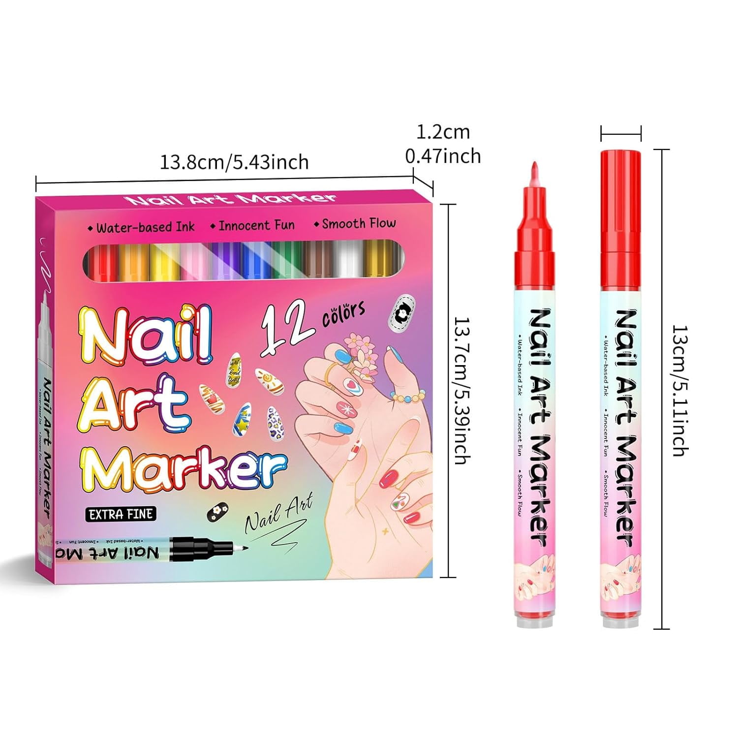 Waterproof Nail Art Pen,12/24 Color Quick Dry Nail Art Markers Set,0.5mm/0.01in Precision Tip,for Nails Art Design DIY Decoration