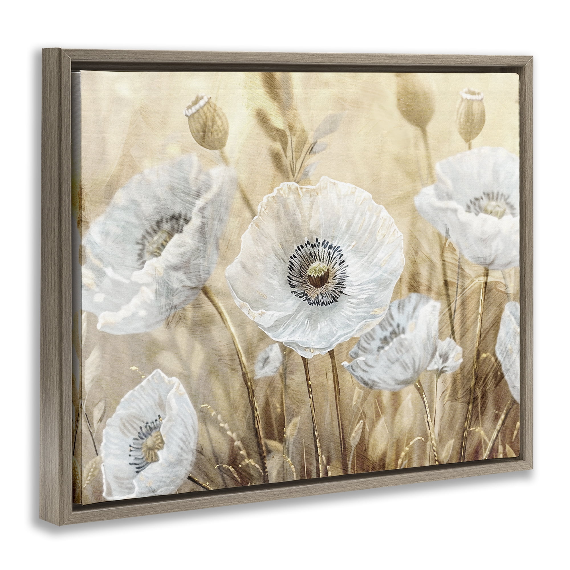 Stupell Industries White Poppies Beige Field Brown Framed Floater Canvas Wall Art, design by Kim Allen
