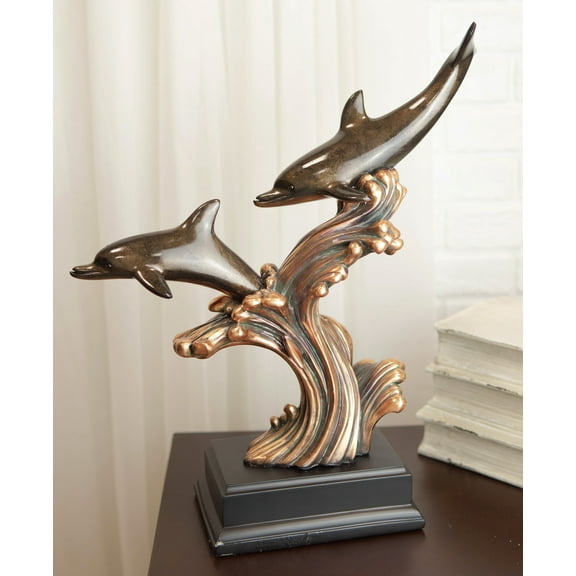 Ebros Nautical 2 Dolphins Surfing Ocean Waves Electroplated Bronze Resin Statue