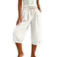 thumbnail image 6 of Capri Pants for Women Linen Wide Leg Loose Fit with Drawstring Elastic Waist Casual Summer Cuffed Pants with Pockets, M, 6 of 6