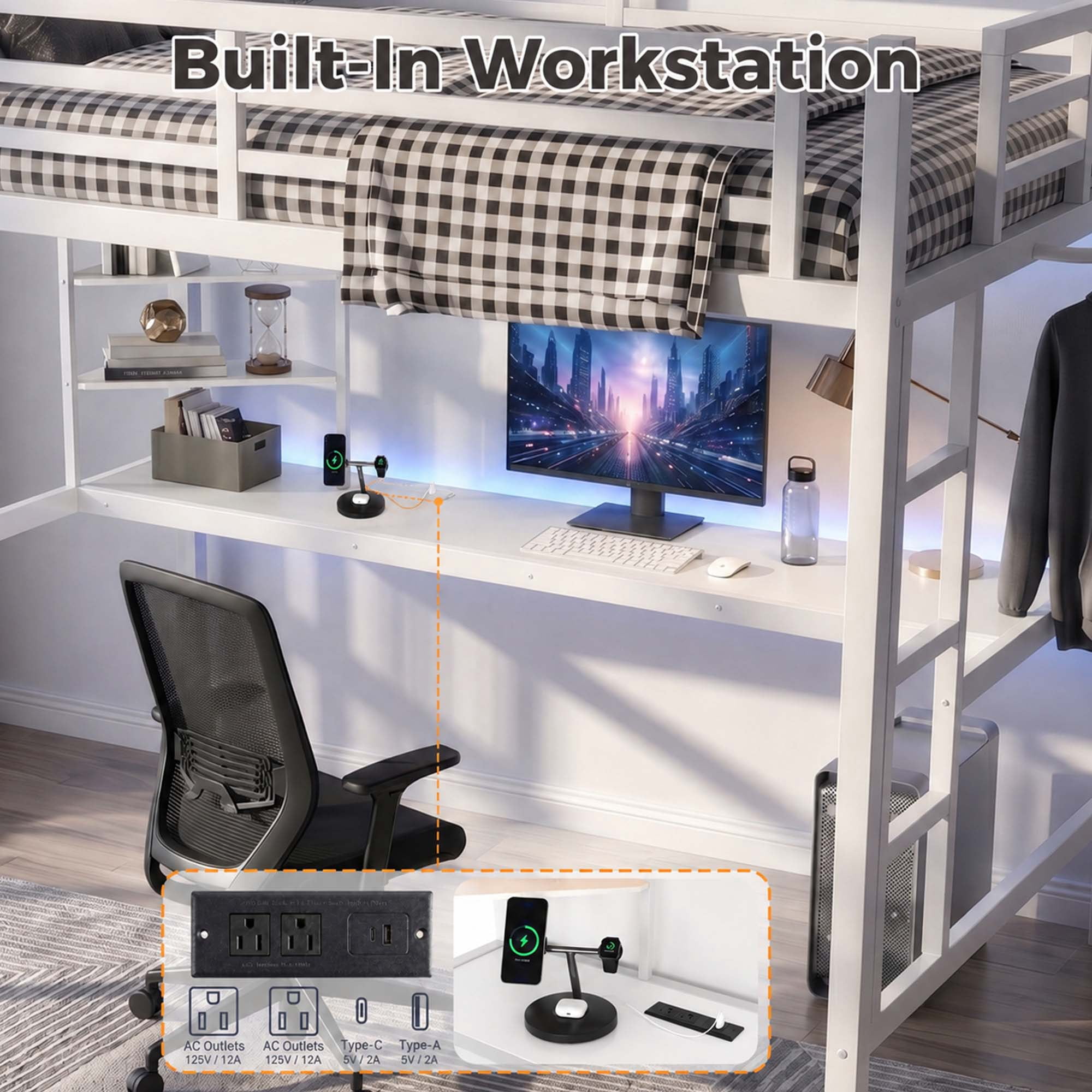 Miniyam Full Size Metal Loft Bed with Desk and Storage Shelf,Charging Station and LED Lights,White