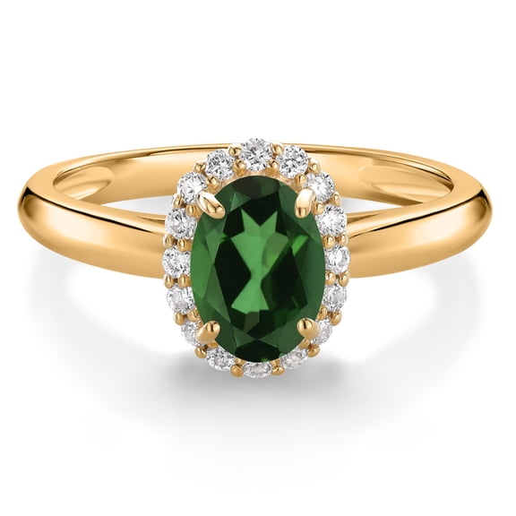 Gem Stone King 10K Yellow Gold Emerald Envy Mystic Topaz and White Lab Grown Diamond Halo Engagement Ring for Women (0.93 Cttw, Gemstone, Oval 7X5MM, Size 9)