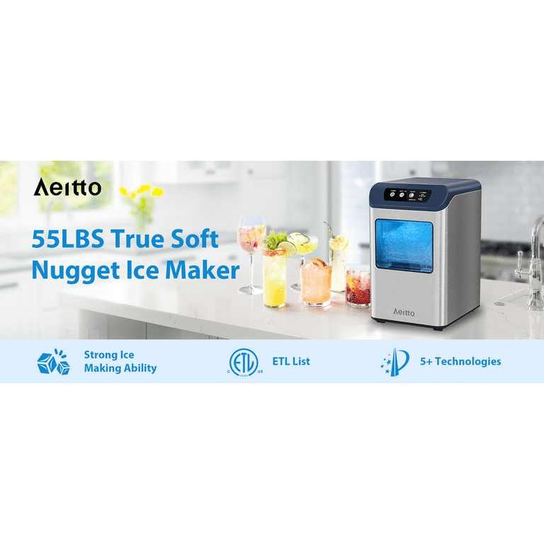 Aeitto® Nugget Ice Maker Countertop, 55 lbs/Day, Chewable Ice Maker, Rapid  Ice Release in 5 Mins, Auto Water Refill, Self-Cleaning, Stainless Steel  Housing Ice Machine 
