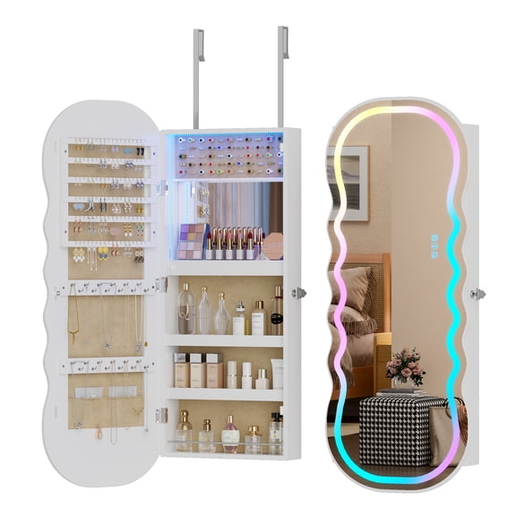VKCC Wavy Mirror Jewelry Cabinet,RGB Lighted Mirror Jewelry Cabinet, Full Length Mirror with Storage,Wall or Door Mounted Jewelry Organizer with Interior Mirror,White