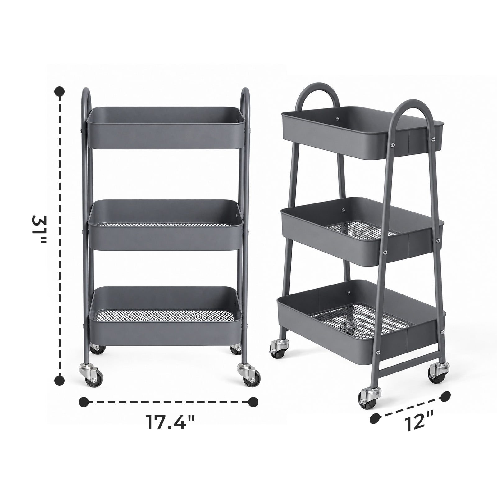 Alvantor 3-Tier Rolling Cart, Metal Rolling Utility Cart with Lockable Wheels, Multi-Functional Heavy Duty Storage Cart Organizer for Bathroom, Kitchen, Living Room, Office