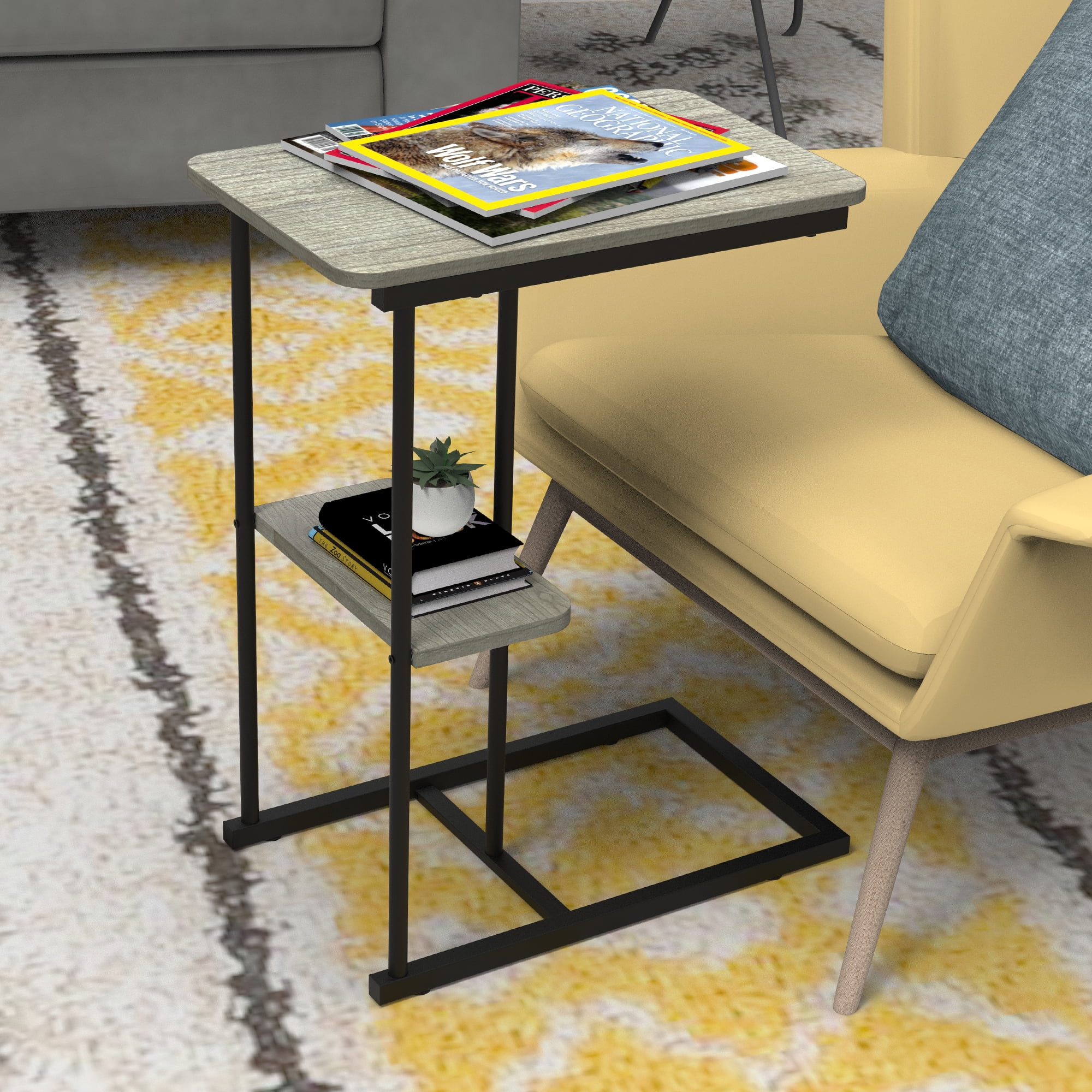 ANYHI C Side Table, C Shaped End Table, C Shaped Table/Nightstands, French Oak Grey