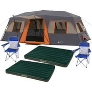 Ozark Trail 12 Person 3 Room Instant Cabin Tent with 2 Airbeds and 2 Chairs Value Bundle