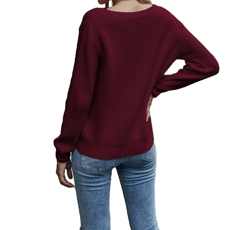 Womens Sweaters Casual Plain Round Neck Pullovers Maroon L