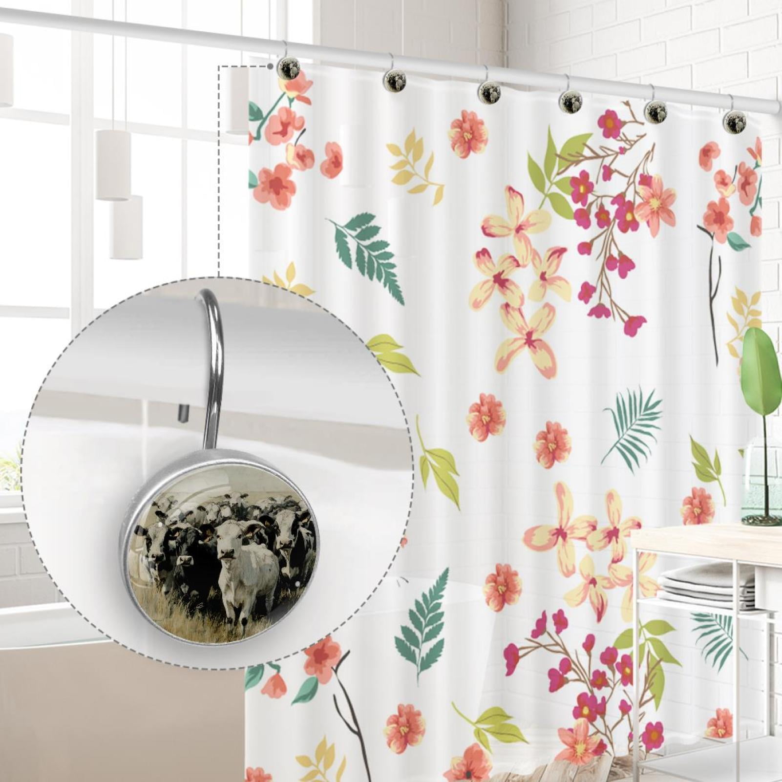 Cows on Farm Shower Curtain Hooks Round Crystal Glass, Set of 12 Shower Curtain Rings - Shower Hooks for Curtain Shower Rings