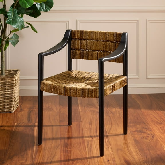 Safavieh Aksel Arm Modern Rattan and Wood Dining Arm Chairs, Natural / Black