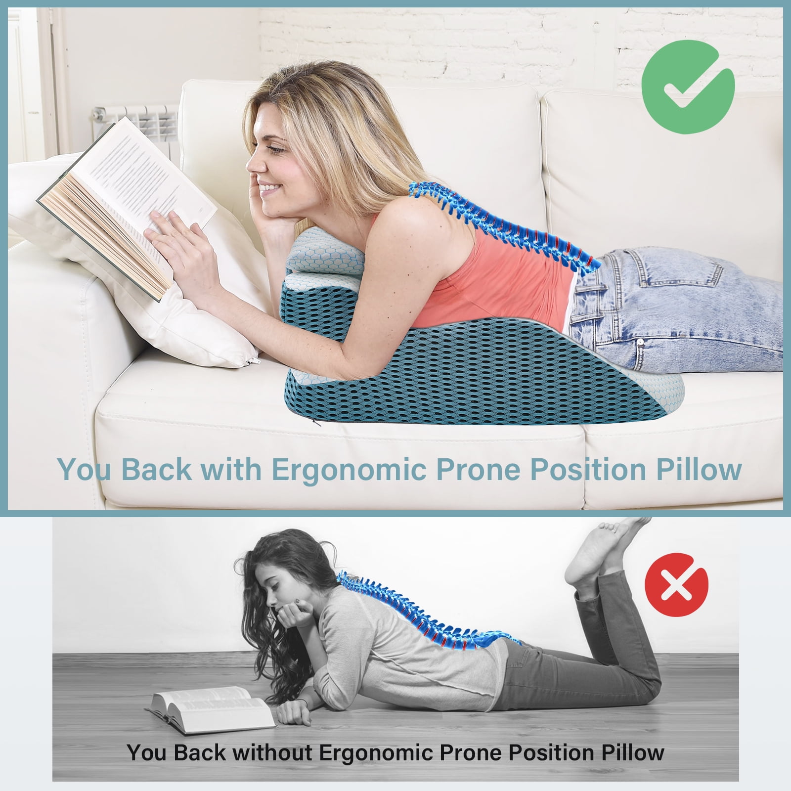YEERSWAG Adult Ergonomic Memory Foam Bed Triangle Wedge Pillow Headboard for Sitting up Back Neck Pain Relief with Face Down Massage Prone Pillow Function for Reading