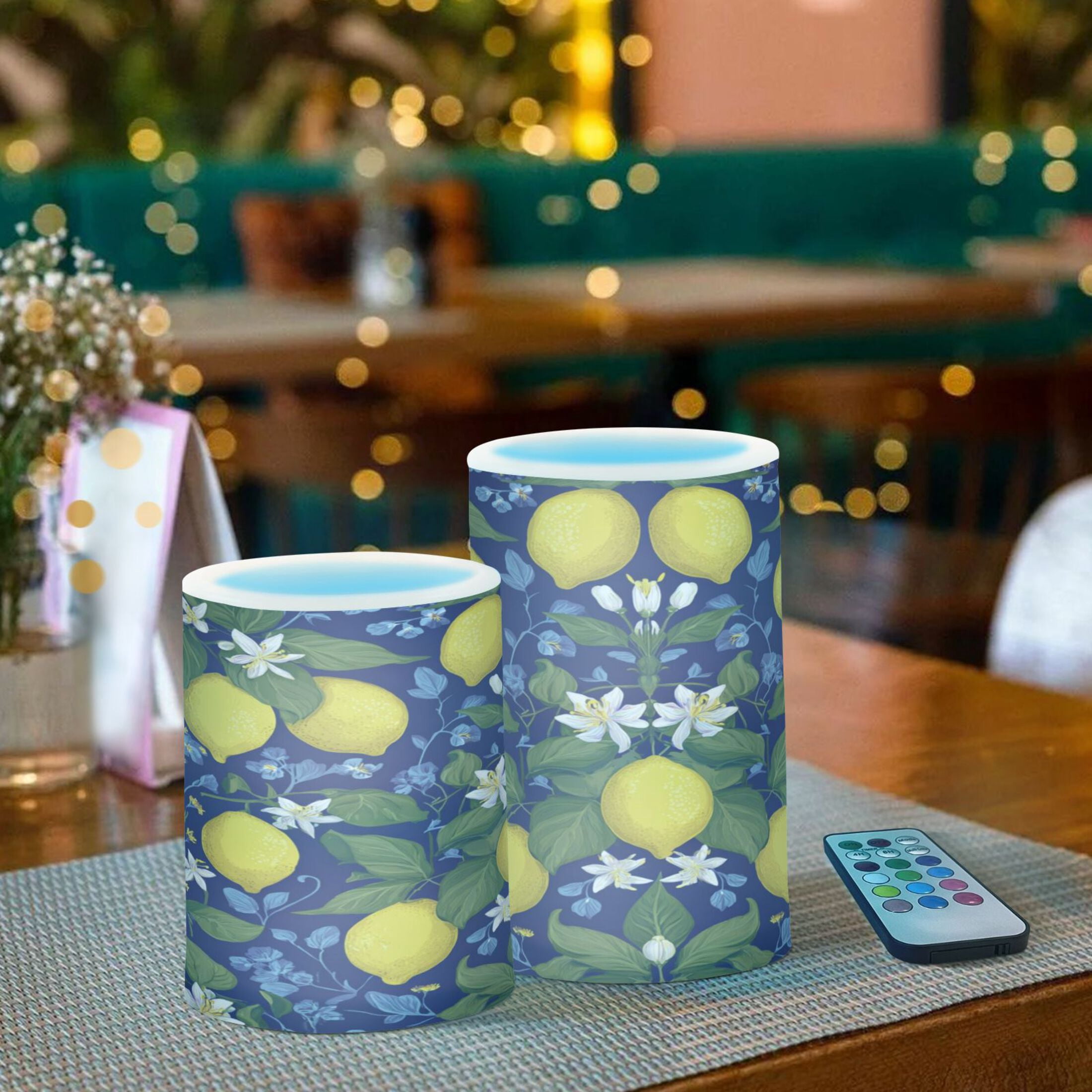 Set of 2 Flameless Candles Lights with Remote Control Flickering LED Candles Electric Candles for Home Decor Parties Lemon Pattern