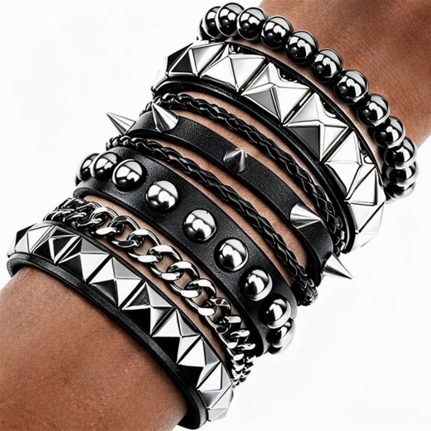Leather Bracelet Combo Metal Star & Spike Inlay Grunge & Punk