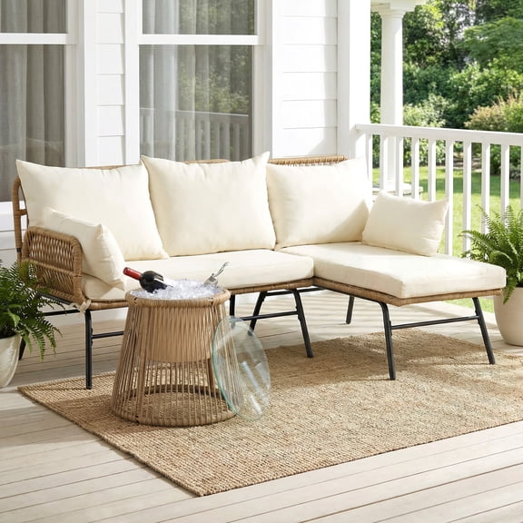 RADIATA 3 Pcs Boho Outdoor Furniture Set with Ice Bucket Wicker Patio Sectional Lounge Sofa, Cream