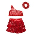 thumbnail image 4 of Sinleey Ensemble 3 Pcs pour Filles Costume de Danse Hip Hop à Sequins Haut Court Jupe avec Bandeau pour Enfants Salsa Rumba Rouge Latin 12, 4 of 6