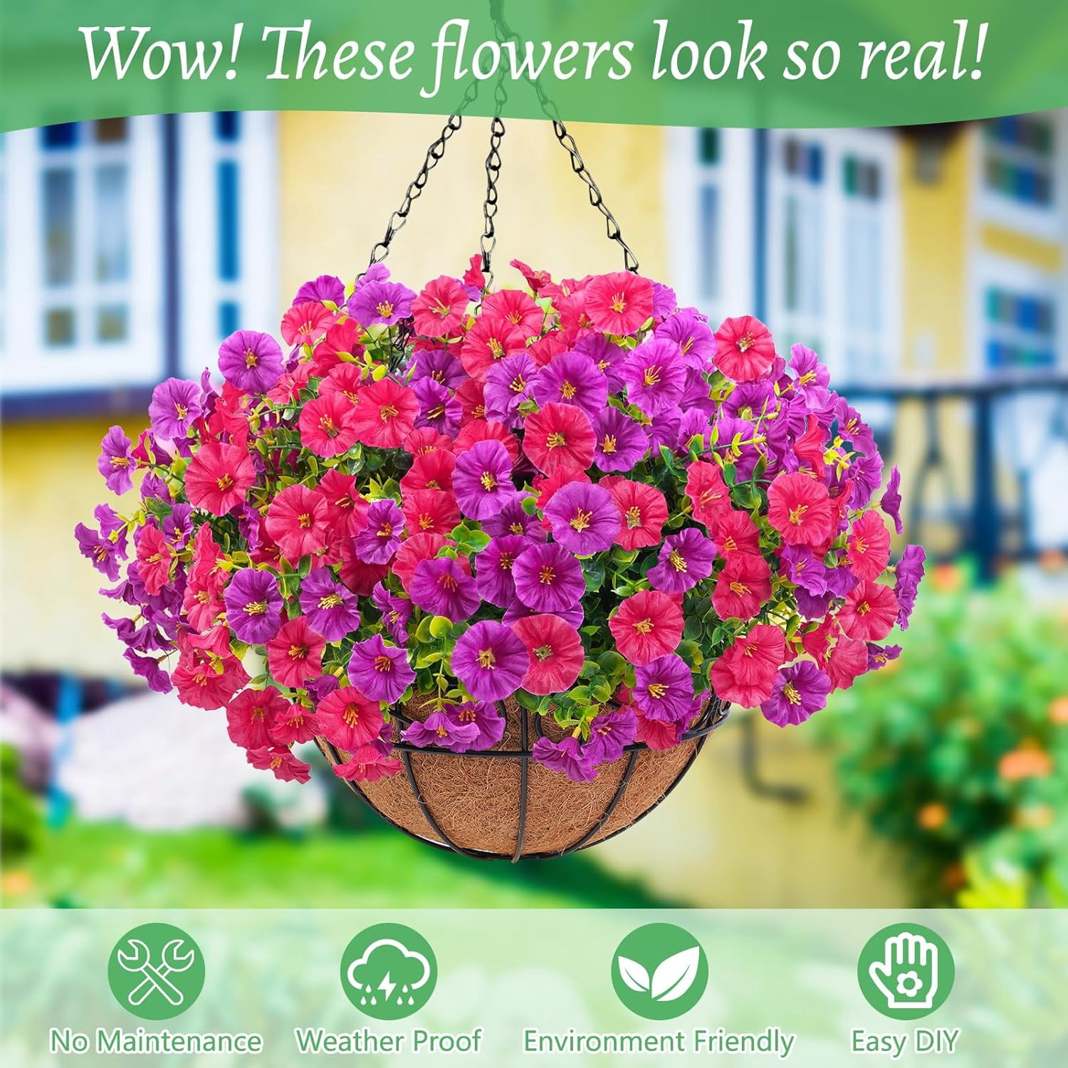 Waipfaru Artificial Hanging Flowers in Basket,Fake Hanging Plants for Outdoors Spring Summer Decoration,UV Resistant Petunias Flower for Garden Porch Patio Balcony Decor
