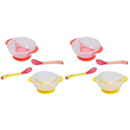 

4 Sets Transparent Baby Suction Bowl Infant Training Bowl Feeding Tableware with Heat Spoon (Red And Yellow)