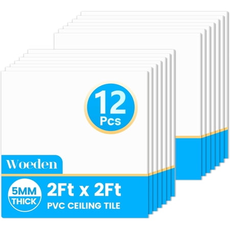 Drop Ceiling Tiles, 12 Pack Tile 2ft x PVC Panel Cover 5mm Waterproof Washable and Fire-Rated 48 Sq. Ft - White (White, 2FT X 2FT)