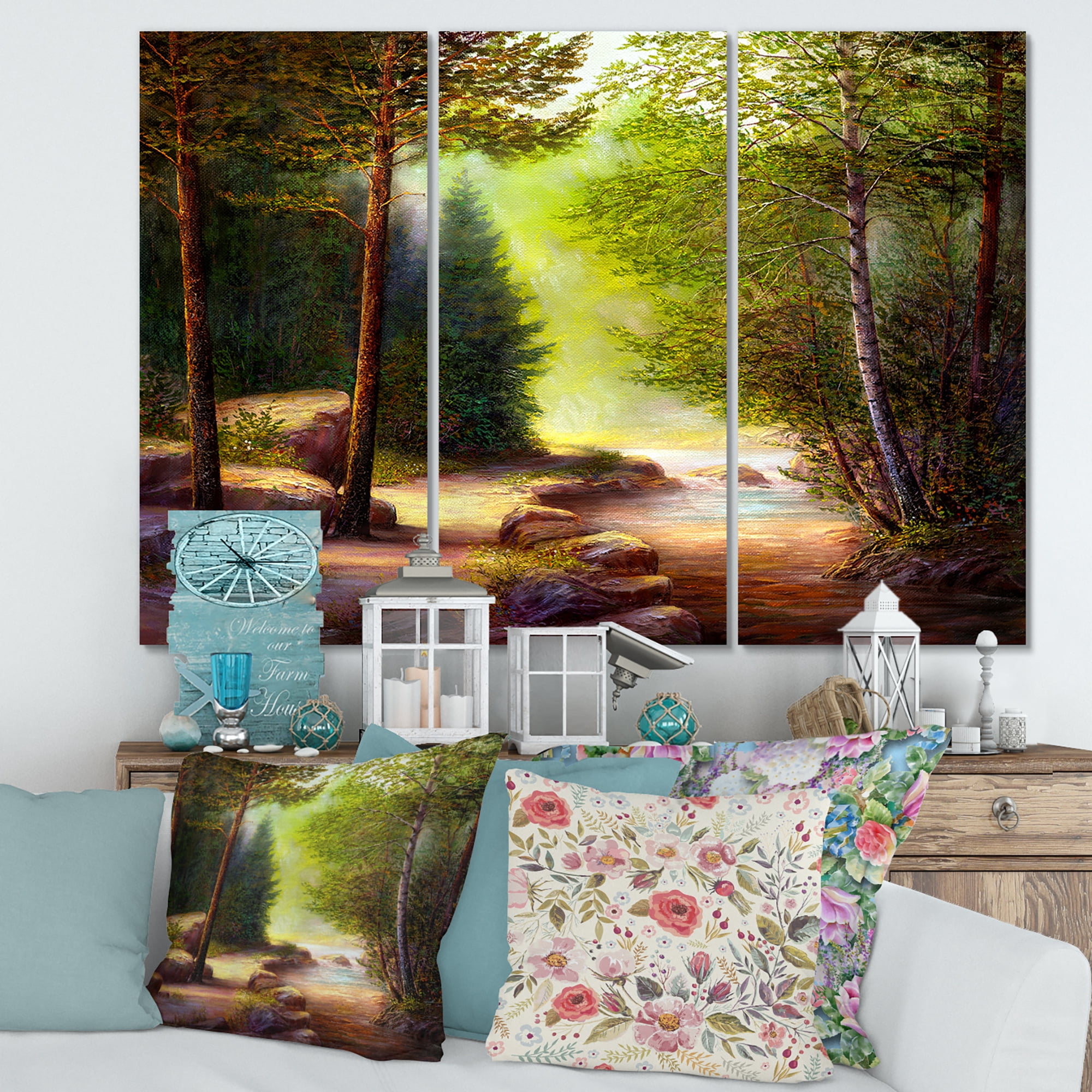 Designart ' Sunrise Glow Through The Spring Trees ' Lake House Canvas Wall Art Print