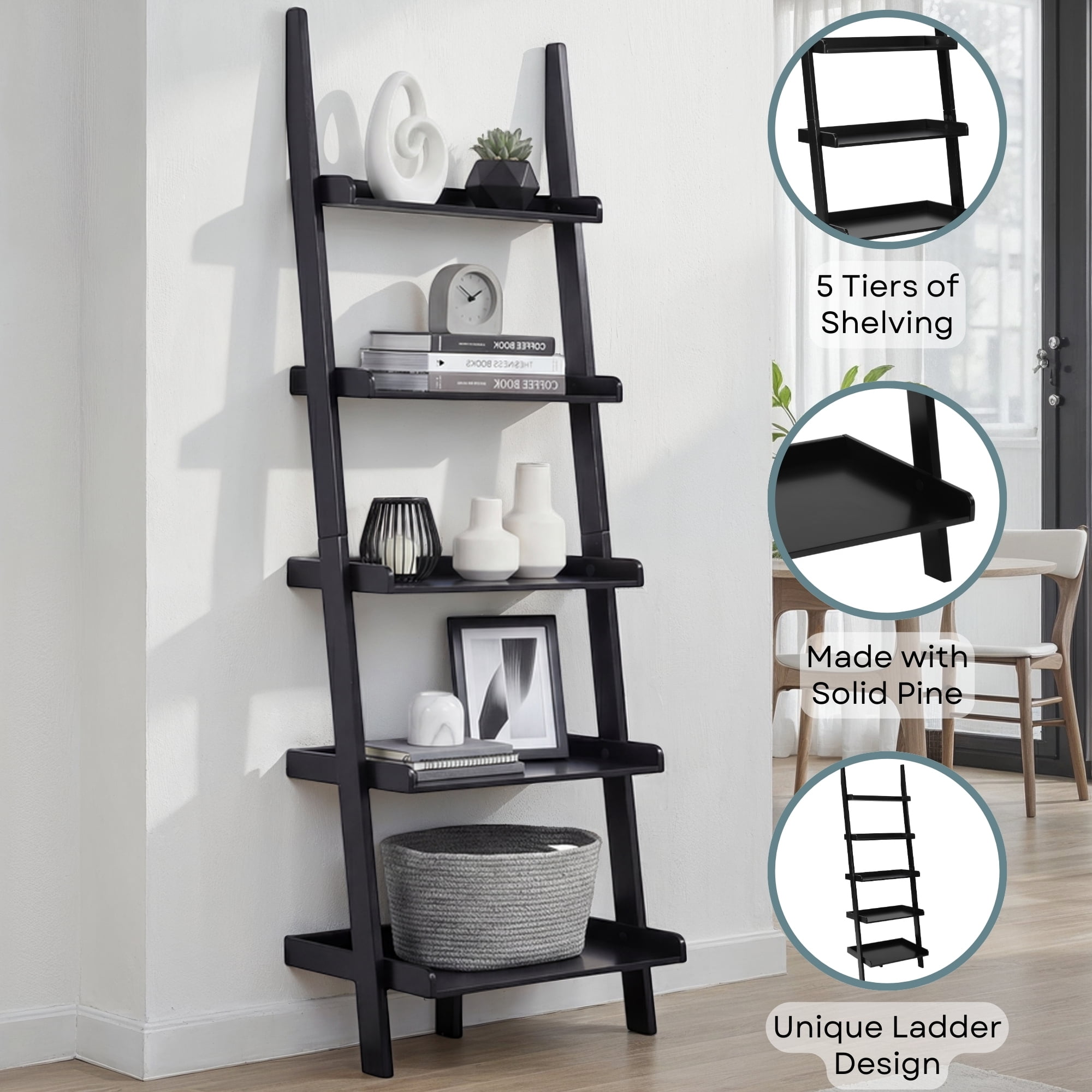 Convenience Concepts American Heritage 5-Shelf Ladder Bookcase, Black