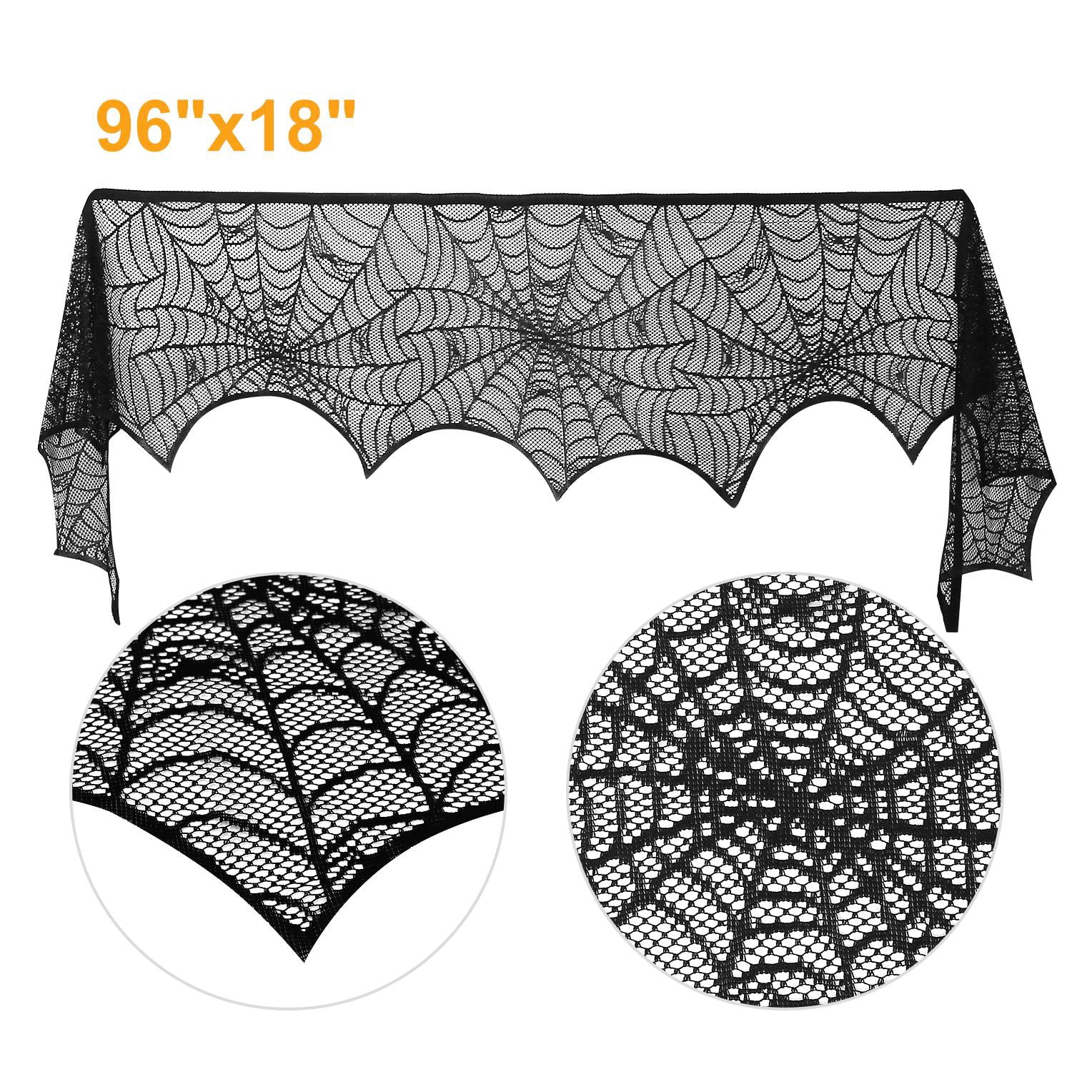 Astoutdoor Halloween Mantle Scarf, Black Lace with Spider Web, Spider and Bat Design, 96 x 18 in, 2 Pieces