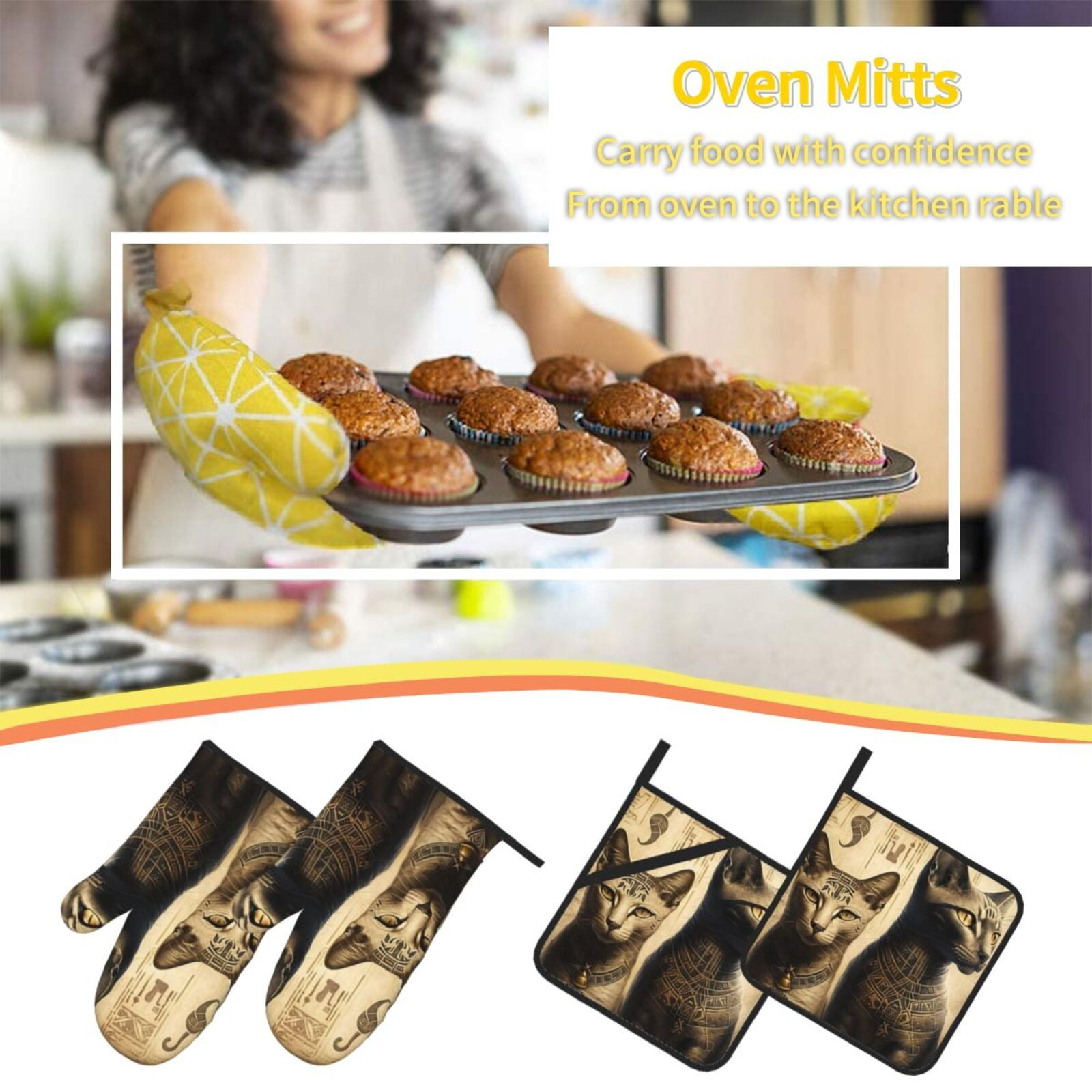 Egyptian Cats Hieroglyphs Vintage 4Pcs Oven Mitts and Pot Holders Sets Oven Kitchen Gloves Hot Pads for Cooking BBQ Baking Grilling