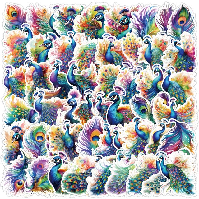 Pegatinas, 50 unidades por lote, coloridas, de vinilo con forma de pavo real, impermeables, grafiti