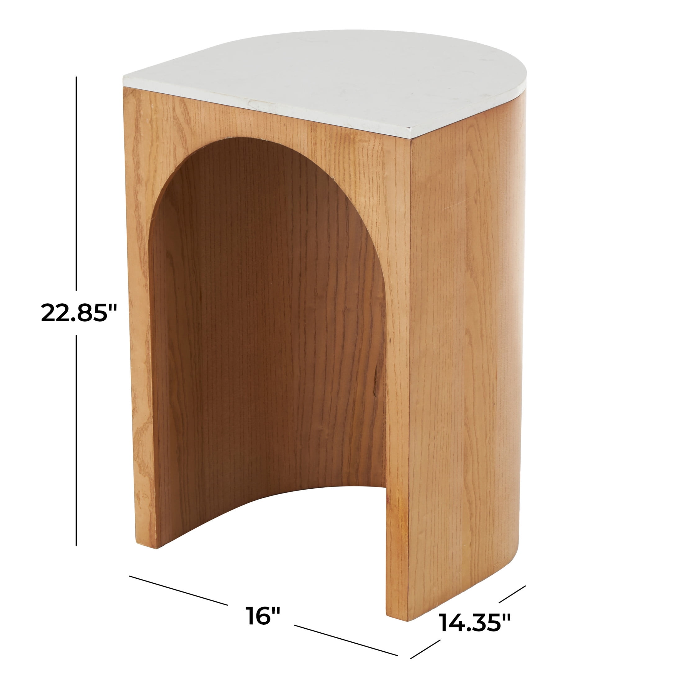 DecMode 16" x 23" Brown Wood Cutout Arch Accent Table with White Marble Tabletop, 1-Piece
