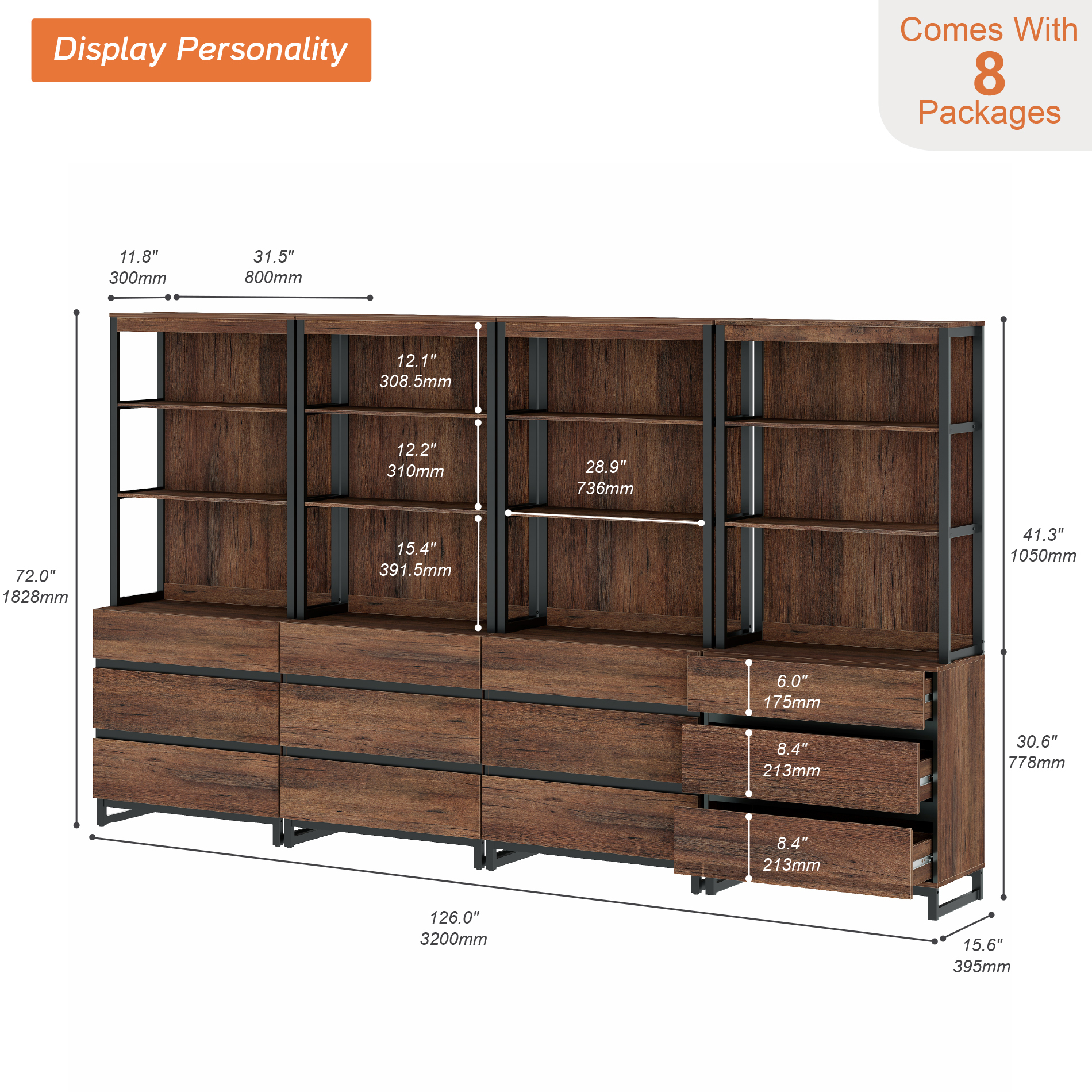 WAMPAT 4-Piece Modern 72" Tall Library Bookcases with 12 Drawers & Open Shelves, Wood Freestanding Bookshelves with Storage Cabinet & Metal Base for Home Office & Living Room, Brown