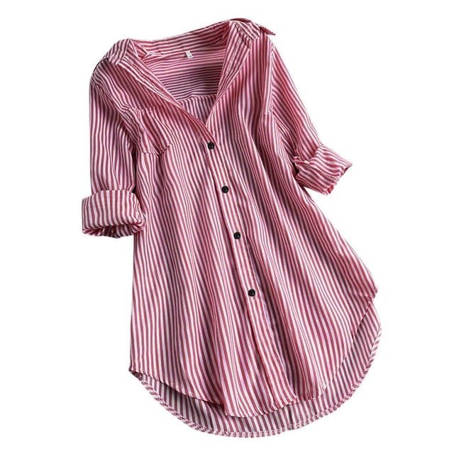 Gibobby Blusas Casual Camisas con botones Top Cuello largo Blusa Manga Mujer Turn-down Stripe Blusa suelta para mujer(Rojo, S)