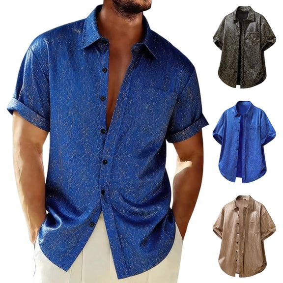 Xcmzpl Men's Metallic Button Down Shirt Short Sleeve Collar Glitter Top with Pocket 70s Vintage Cocktail Nightclub Rock Clothes