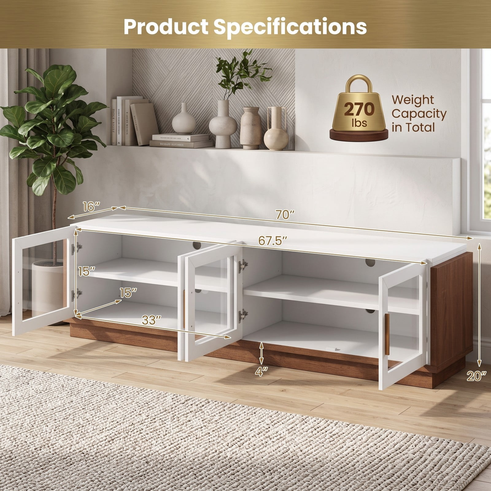 Furnibear Large TV Stand for TVs up to 75 Inch, Modern Entertainment Center with 4 Tempered Glass Doors, 2 Cabinets and Adjustable Shelves, Cable Management, White