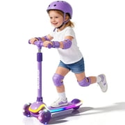 JoyStone Kick Scooter for Kids with LED Light Wheels & Music, 3 Adjustable Height Handlebars, Lean-to-Steer Technology, 3 Wheel Scooter for Toddlers Girls Boys Up to 110 Lbs, Purple