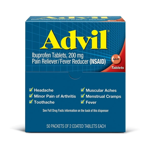 Advil Pain Reliever / Fever Reducer Coated Tablet, Individually Sealed, 200mg Ibuprofen (50 Packets of 2 Tablets)