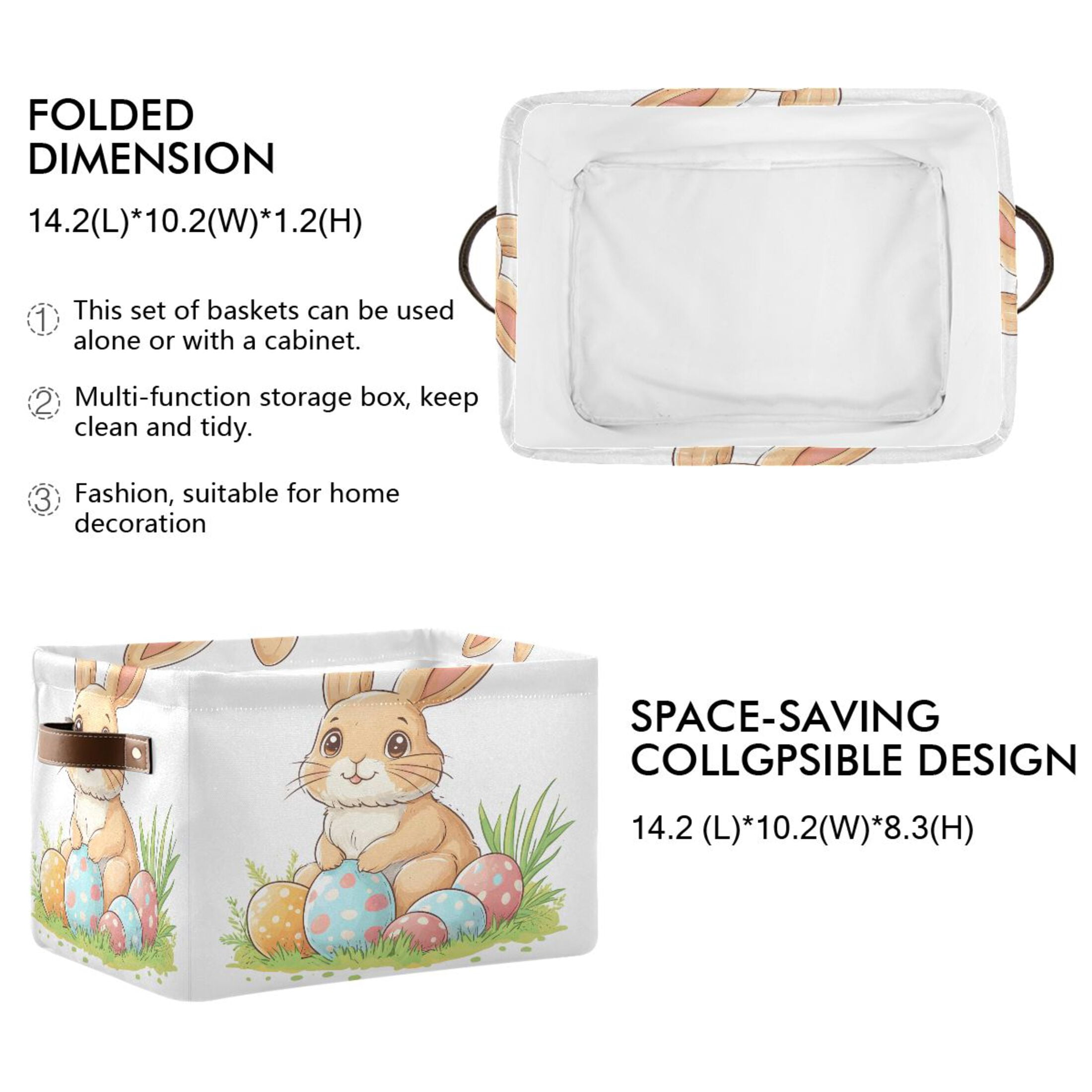 Ryvnso Bunny Easter Rabbit Storage Basket Large Bin Foldable Boxes Toys Organizer 14.2x10.2x8.3in 2 PCs
