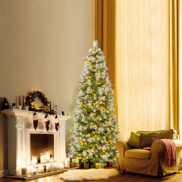 Gymax 6 FT Artificial Christmas Tree Pre-Lit Hinged Xmas Tree w/ 580 Flocked Frosted Tips