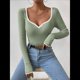 thumbnail image 4 of Camiseta de Larga con Escote Corazón para Mujer, de Punto Acanalado y Ribete en Contraste. Verde S, 4 of 8