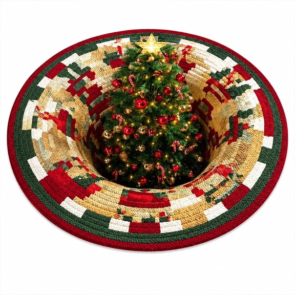 HAHUT Christmas 3D Round Optical Illusion Floor Mat, Non Slip Christmas Tree Design Round Rug for Home Kitchen Bedroom Entryways Decor