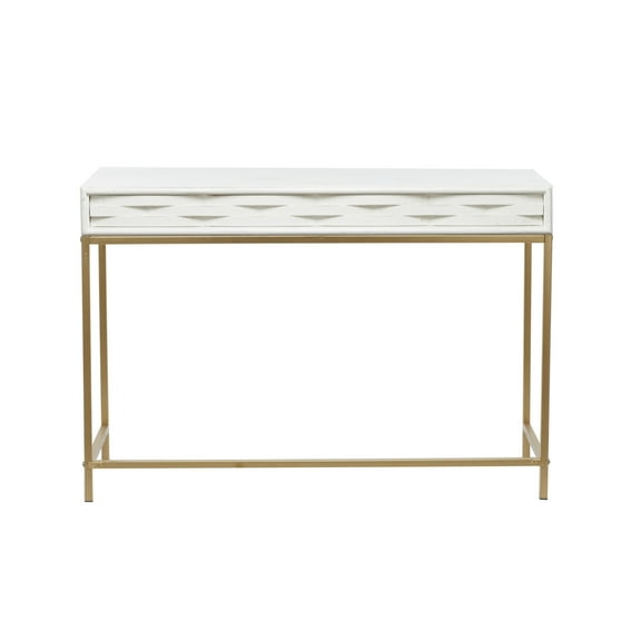 DecMode 46" x 31" White Wood 2 Drawers Console Table with Gold Metal Frame, 1-Piece