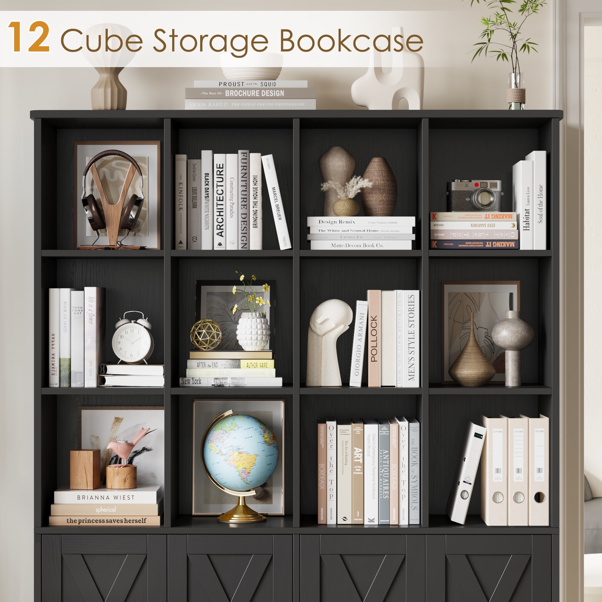 Homfa 12 Cube Double Wide Bookcase with Doors, 3 Tier Library Cabinet & Bookshelves for Home Office Living Room, Black