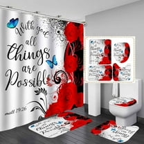 4PCS/Set Dewy Royal Blue Rose Shower Curtain, Valentine's Day Gift Elegant Floral Romantic Flower Bathroom Decor, Fabric Black Bath Curtain, Non-Slip Bathroom Floor Mat Toilet Rug, Blue