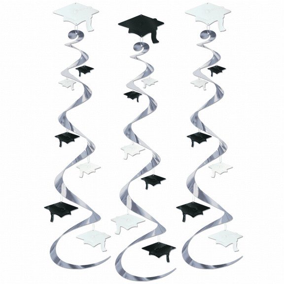Beistle Grad Cap Twirly Decoration 30" Graduation Plastic Hanging Whirls, 3 CT, Black White