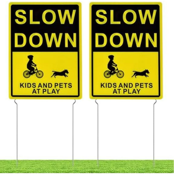 Slow Down Kids and Pets  Play Yard Signs with Metal Stakes, 16 x 12 Inches/25.7 Inch High, 2 Pack Double Sided Children  Play Safety Signs for Street