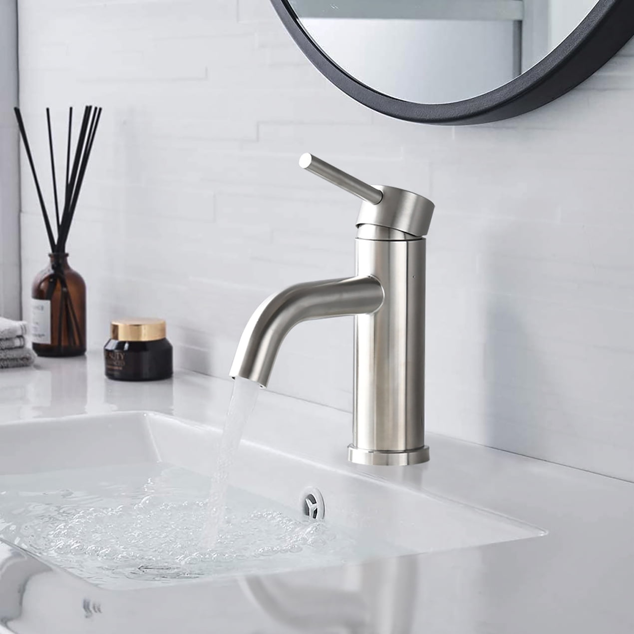Lisonu Modern Waterfall Bathroom Faucet, Single Hole Vanity Faucet in Brushed Nickel, ADA Compliant Stainless Steel, 6.57" High