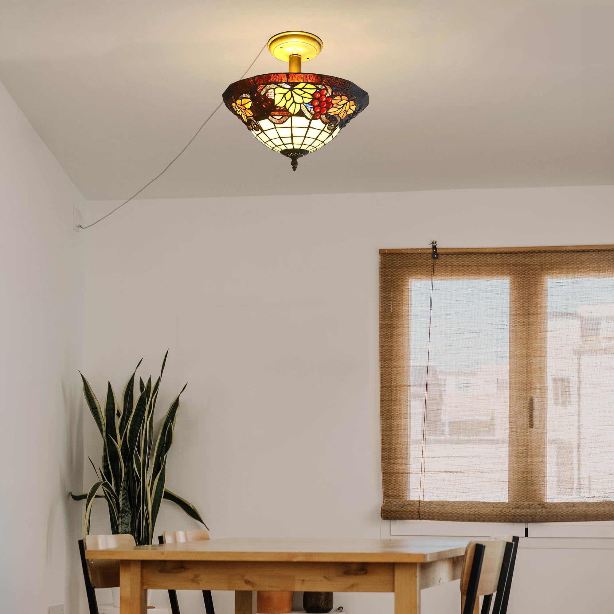 Kiven 13.8in Plug-in Flush Mount Ceiling Light Fixture, 3-Light Anti Glare Close to Ceiling Light with 15FT Cord, Tiffany-Style Glass Chandelier Dimmable for Bedroom Kitchen Hallway(No.3198)