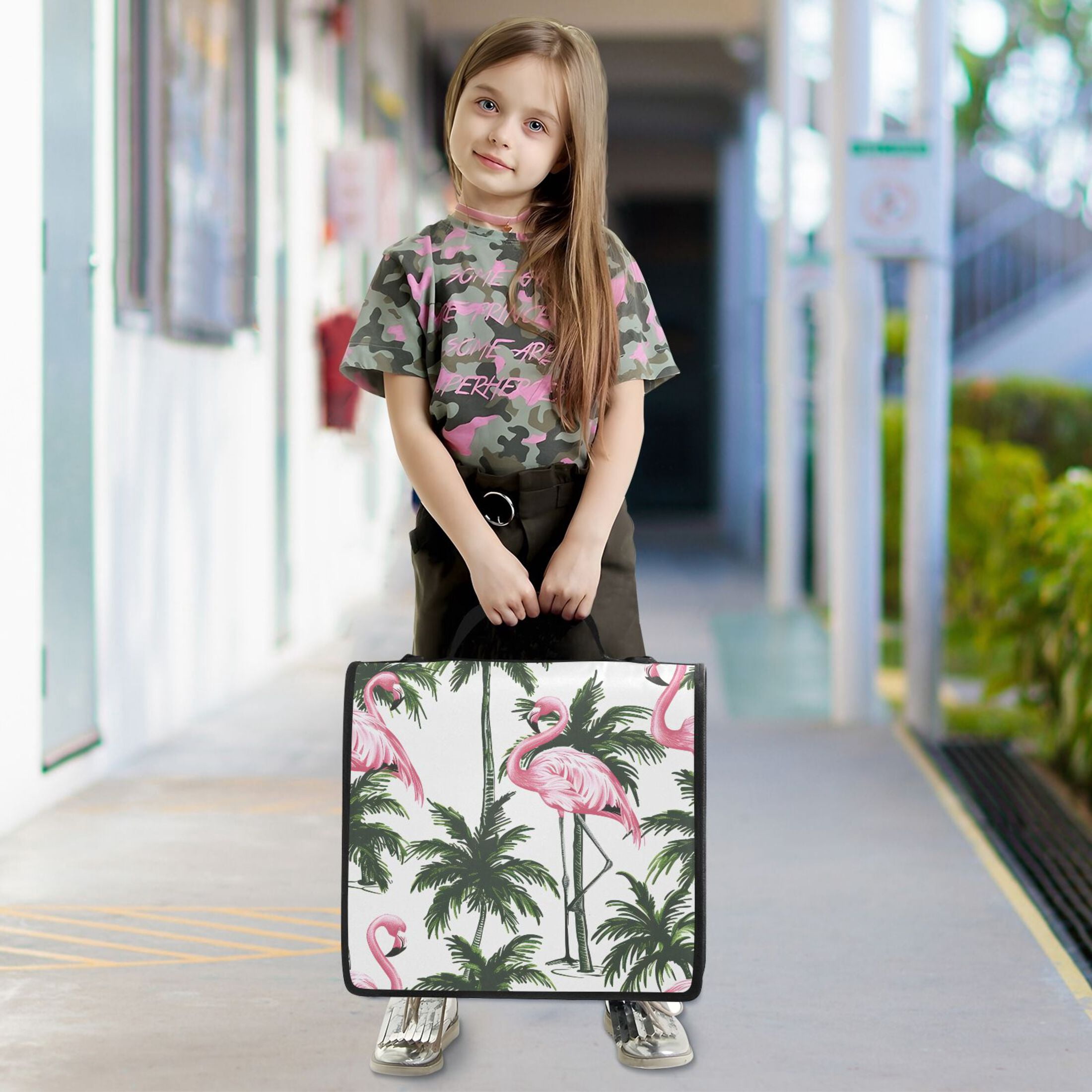 3 Ring Zipper Binder with Shoulder Strap Waterproof Trapper Keeper 2 Inch D-Ring 500 Sheets Capacity Flamingos and Palm Trees