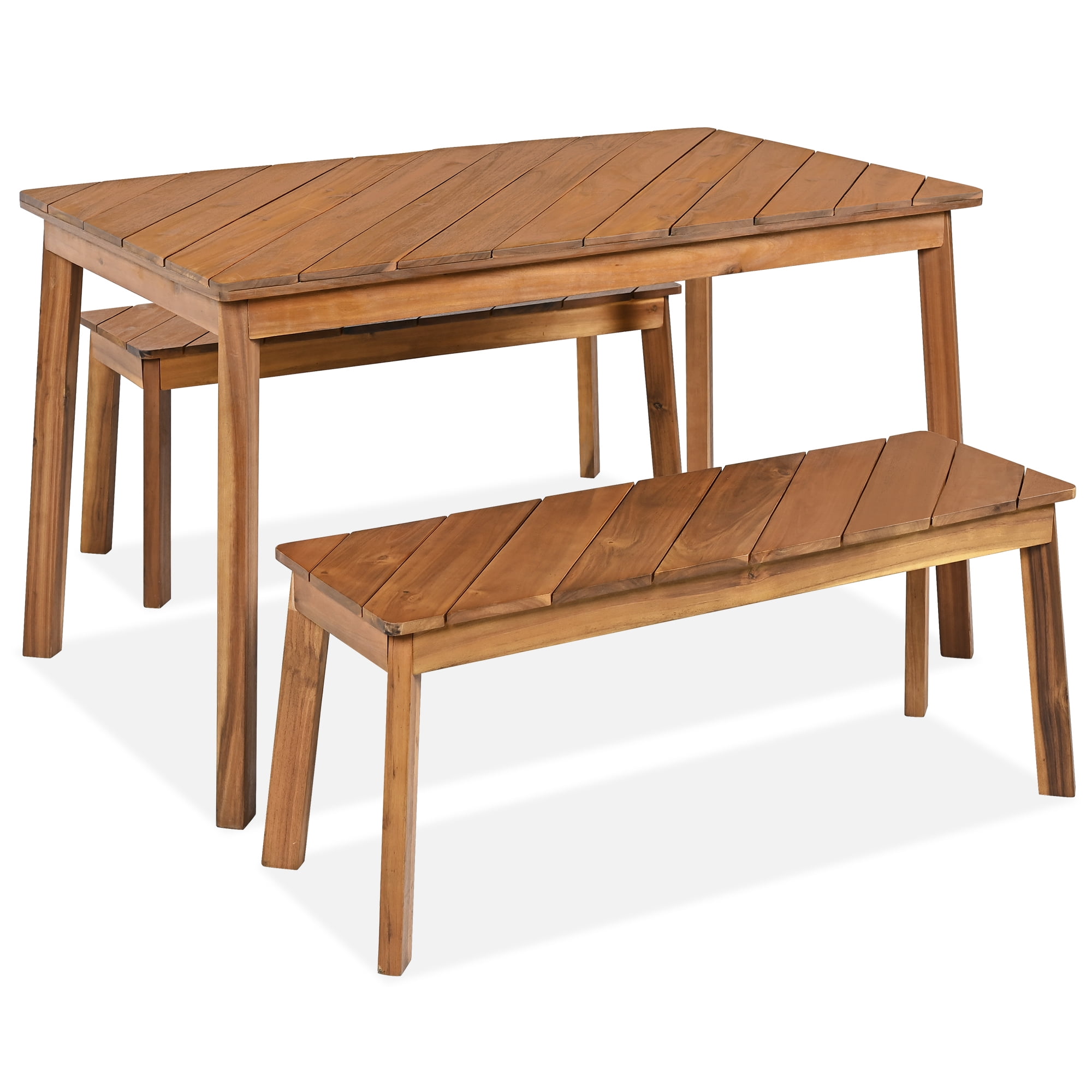 3 Pieces Acacia Wood Table Bench Dining Set For Outdoor & Indoor Furniture With 2 Benches, Picnic Beer Table for Patio, Porch, Garden, Poolside, Natural