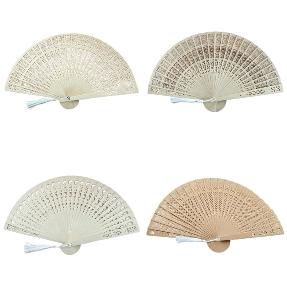4 Pcs Wooden Folding Fans with Tassels, Vintage Wood Hand Fan Foldable Sandalwood Hand Fan in Chinese Pattern for Women Wedding Favors Baby Shower Party Gift