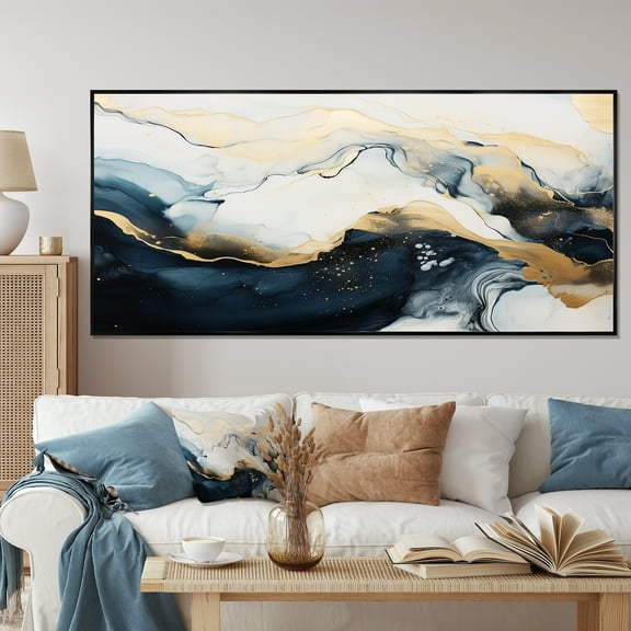 Designart "Ink Interpretation Gold and Blue Abstract Marble II" Extra Large Abstract Framed Wall Art - Modern Gold Abstract Marble Hallway Framed Wall Art Decor